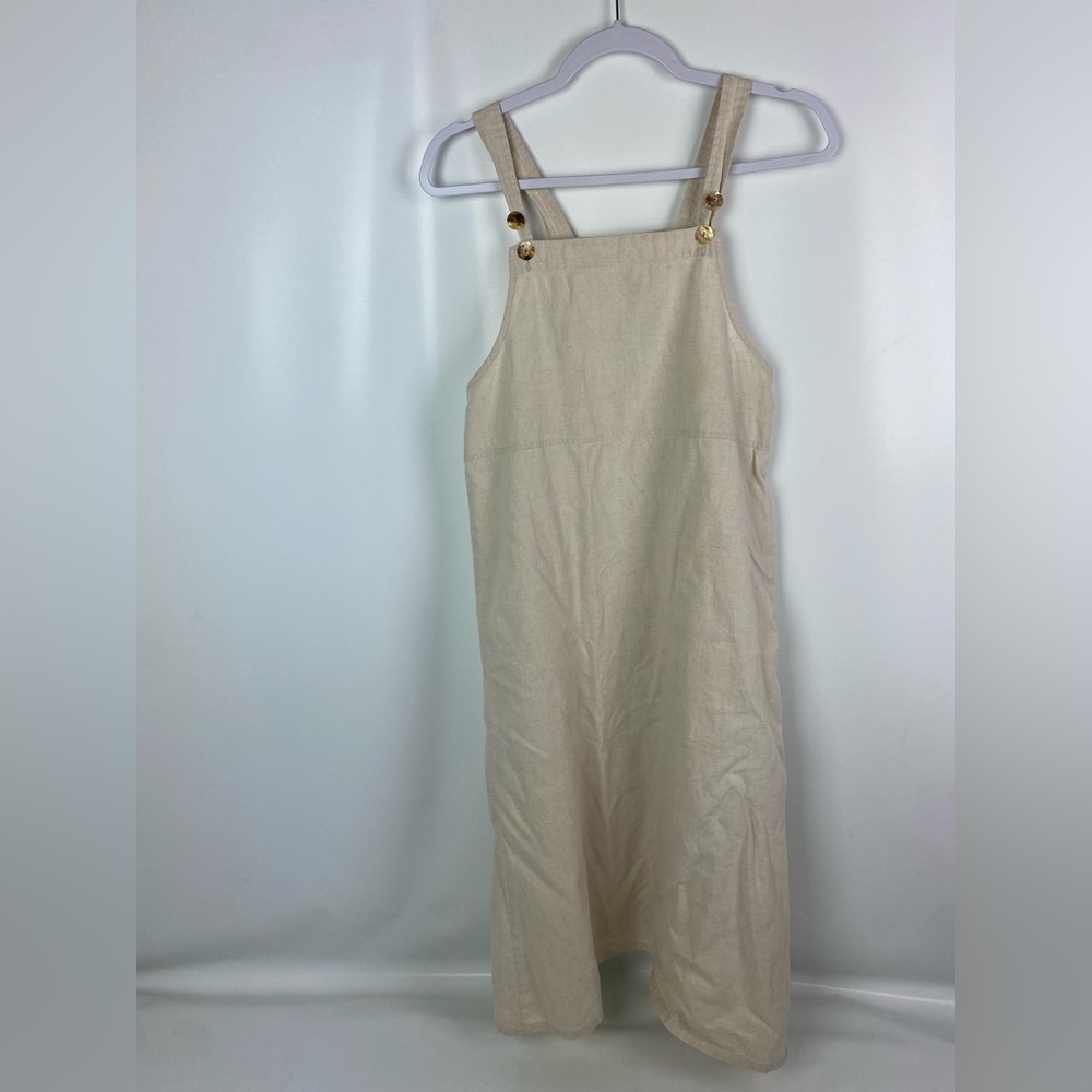 Vintage pinafore dress overall dress size small linen cotton blend neutr…